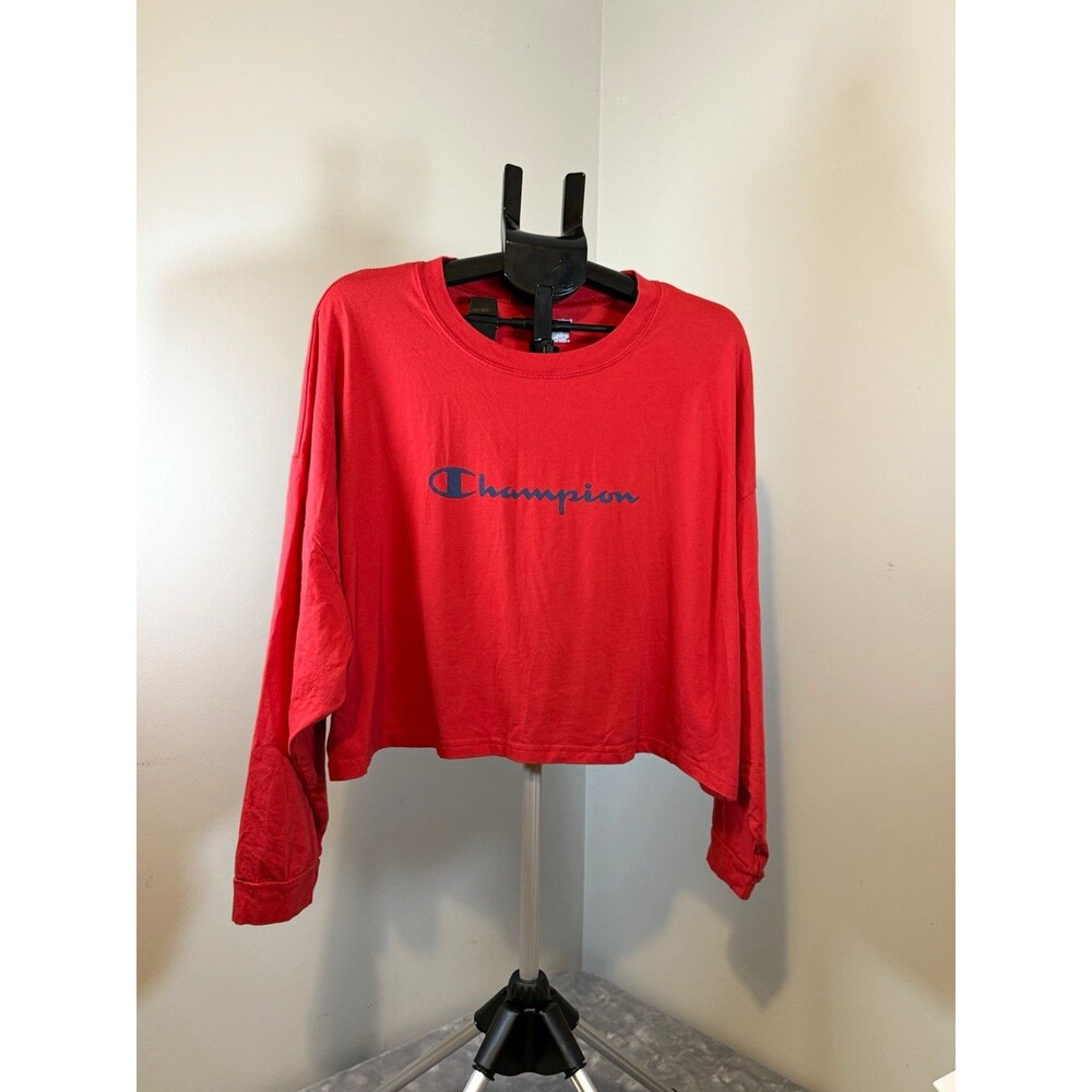 Champion Women’s XL Red Cropped Crew Neck Long Sleeve Jersey Logo Tee